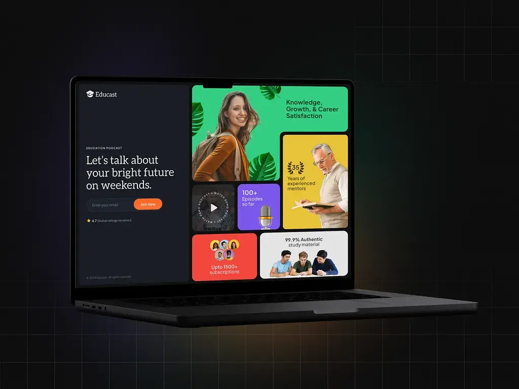 Bento : Educast, une mosaïque de cartes colorées sur fond sombre.
