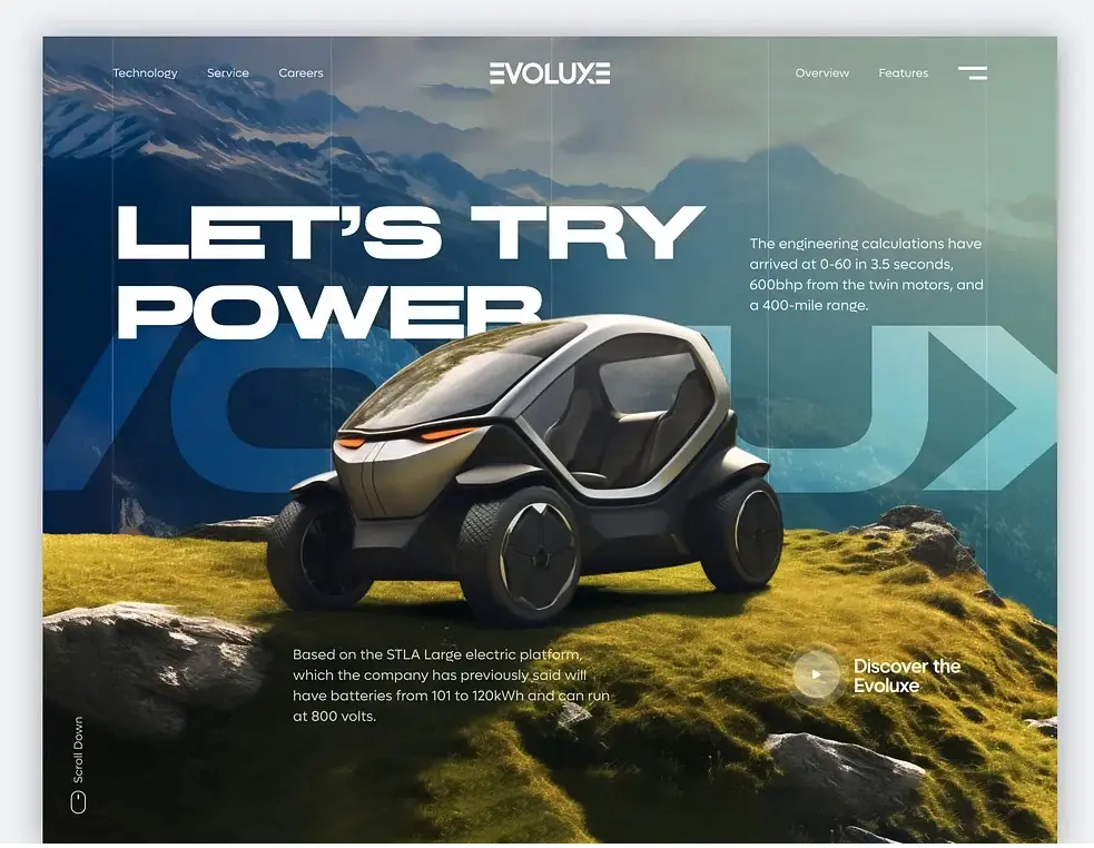 Cinematic Product : la voiture Evoluxe et sa typographie géante.